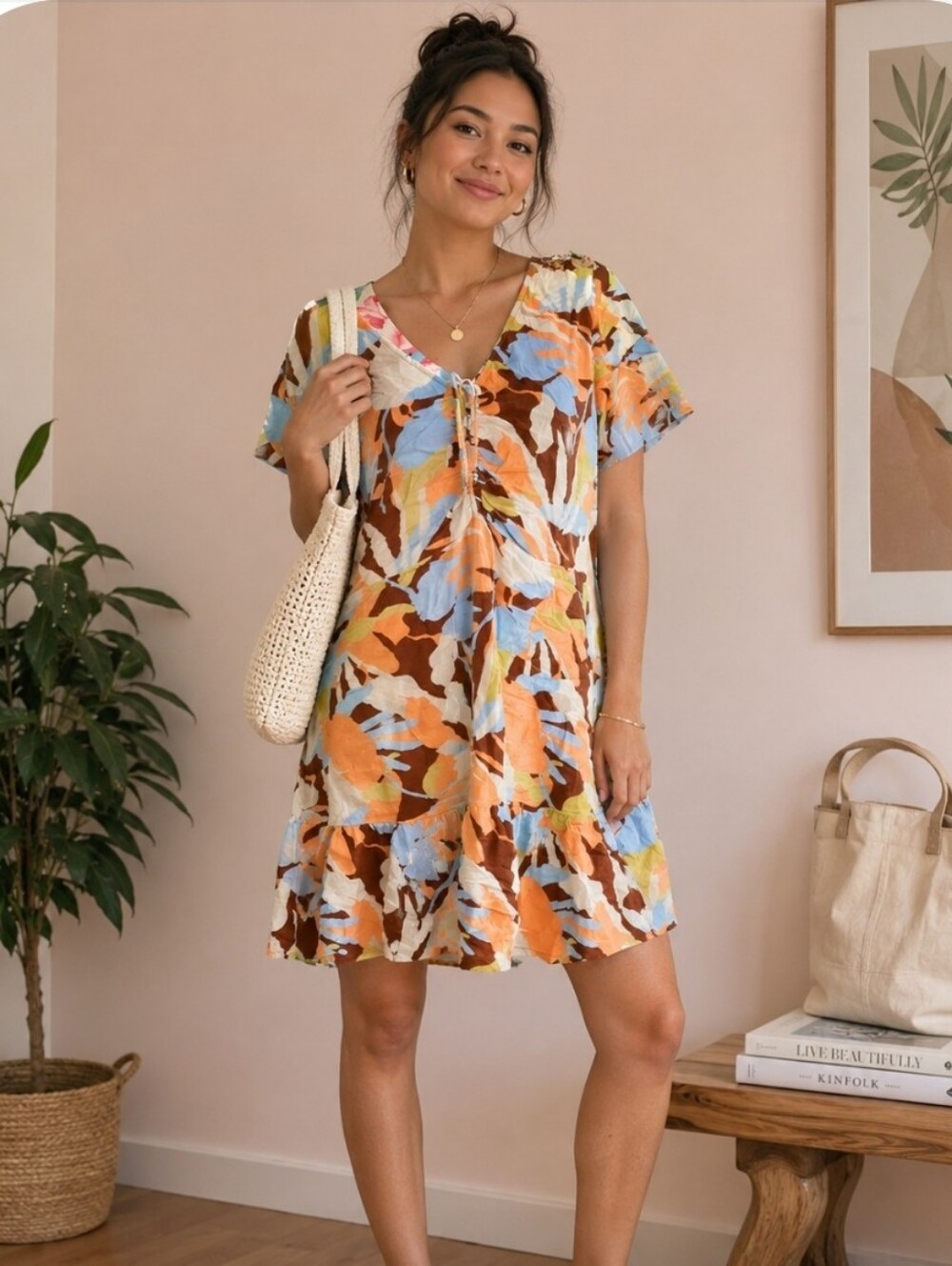5/$25 Roxy Sleeveless V-Neck Dress in Blue, Rust & Cream Floral